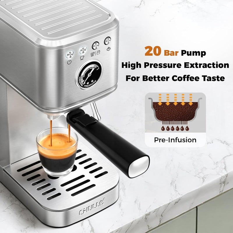 CHULUX Elite Espresso Machine 20 Bar, Compact Stainless Steel Hot and Ice Espresso Coffee Maker with Steam Wand for Americano, Latte, Cappuccino & Home Barista Brewing, Sliver - Image 3